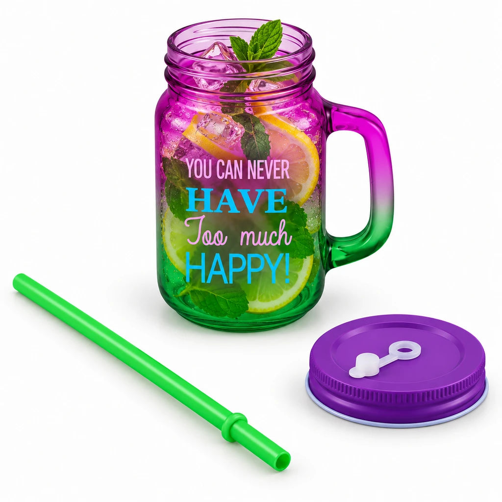 Kleeyo Pink-Green Too Much Happy Glass Mason Jar, 450 ml