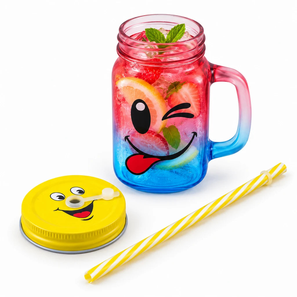 Kleeyo Pink-Blue Silly Smile 450 ml Glass Mason Jar