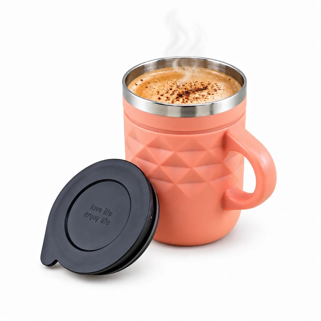 IQIX 400 ml Geometric Stainless Steel Coffee Mug with Lid | Pink Color