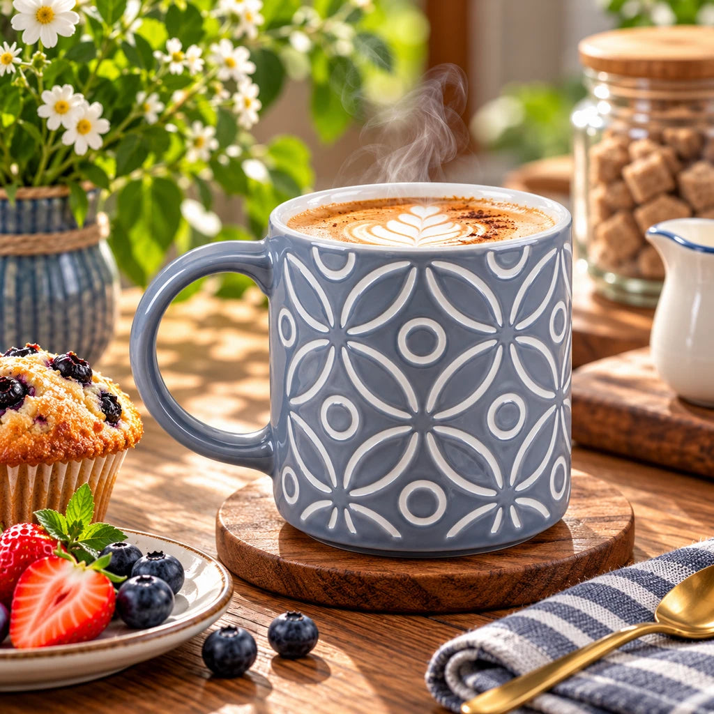 Danny Home 500 ml Blue-Grey & White Petal Pattern Porcelain Mug