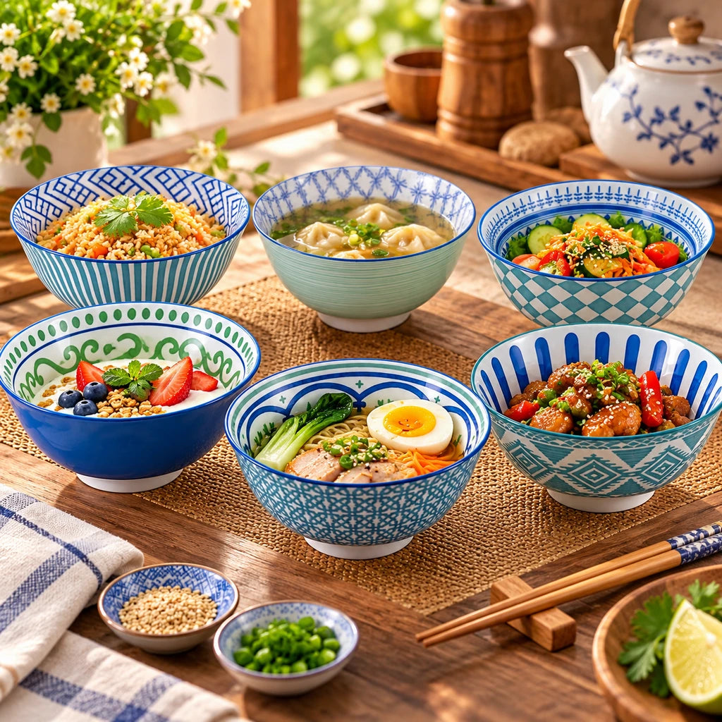 Danny Home 6-Piece Blue & Green Patterned Porcelain Bowl Set - 16 cm