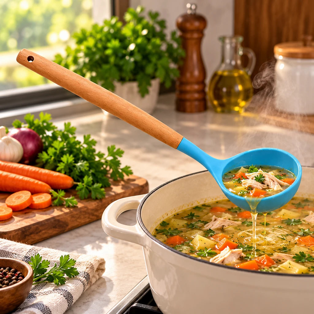 BEST Silicone Soup Ladle with Wooden Handle, 13 Inch