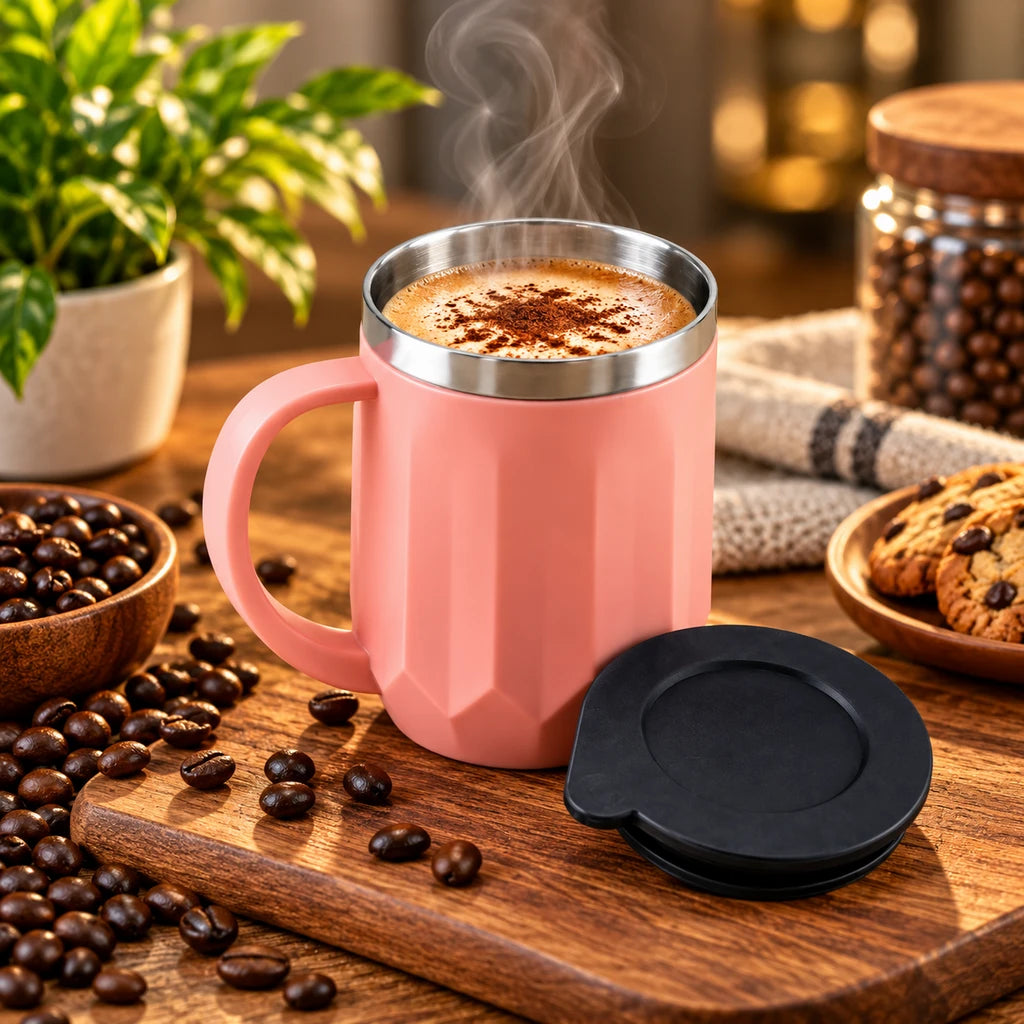 IQIX 400 ml Stainless Steel Coffee Mug with Lid | Pink Color