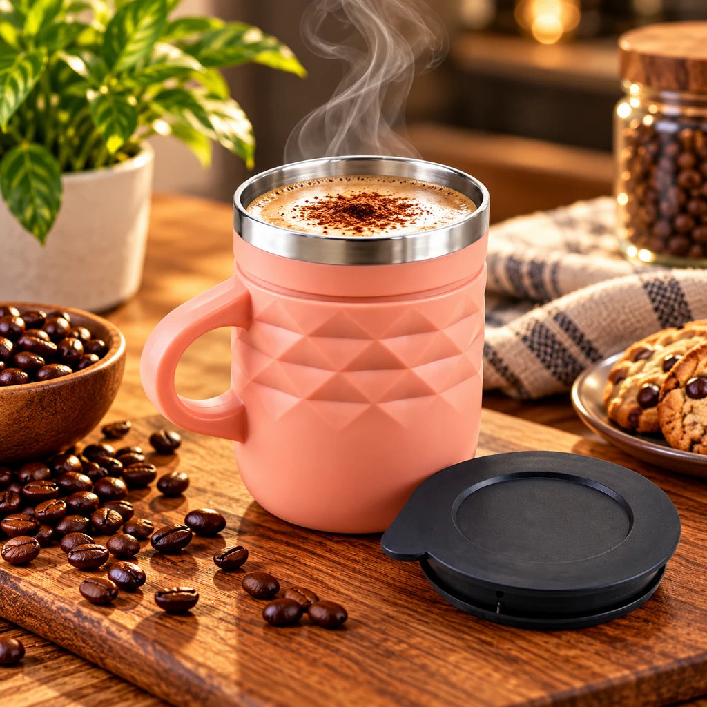 IQIX 400 ml Geometric Stainless Steel Coffee Mug with Lid | Pink Color