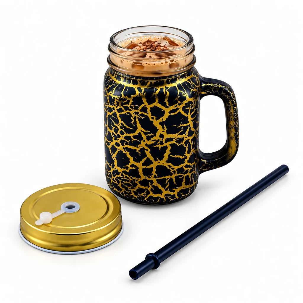 Kleeyo Black & Gold Crackle 450 ml Glass Mason Jar