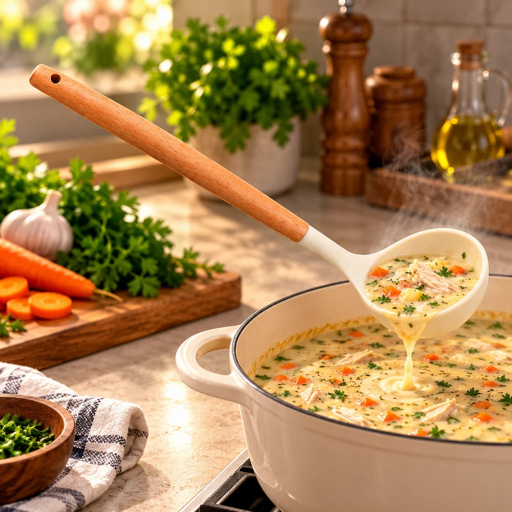 BEST Silicone Soup Ladle with Wooden Handle, 13 Inch
