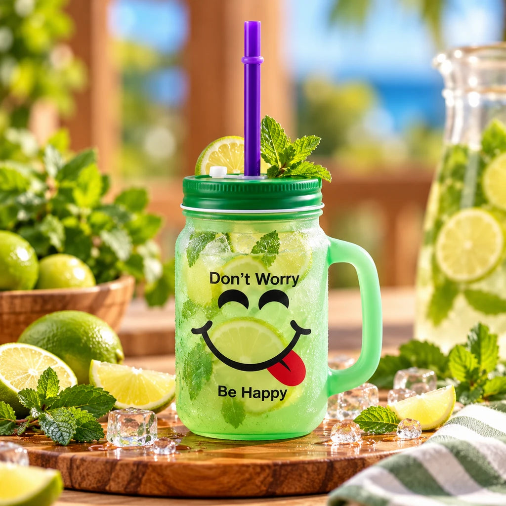 Kleeyo Mint Giggle 450 ml Glass Mason Jar with Straw