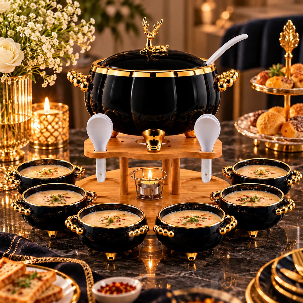 Royal Black Deer Ceramic Soup Set with Bamboo Base, 16 Pieces