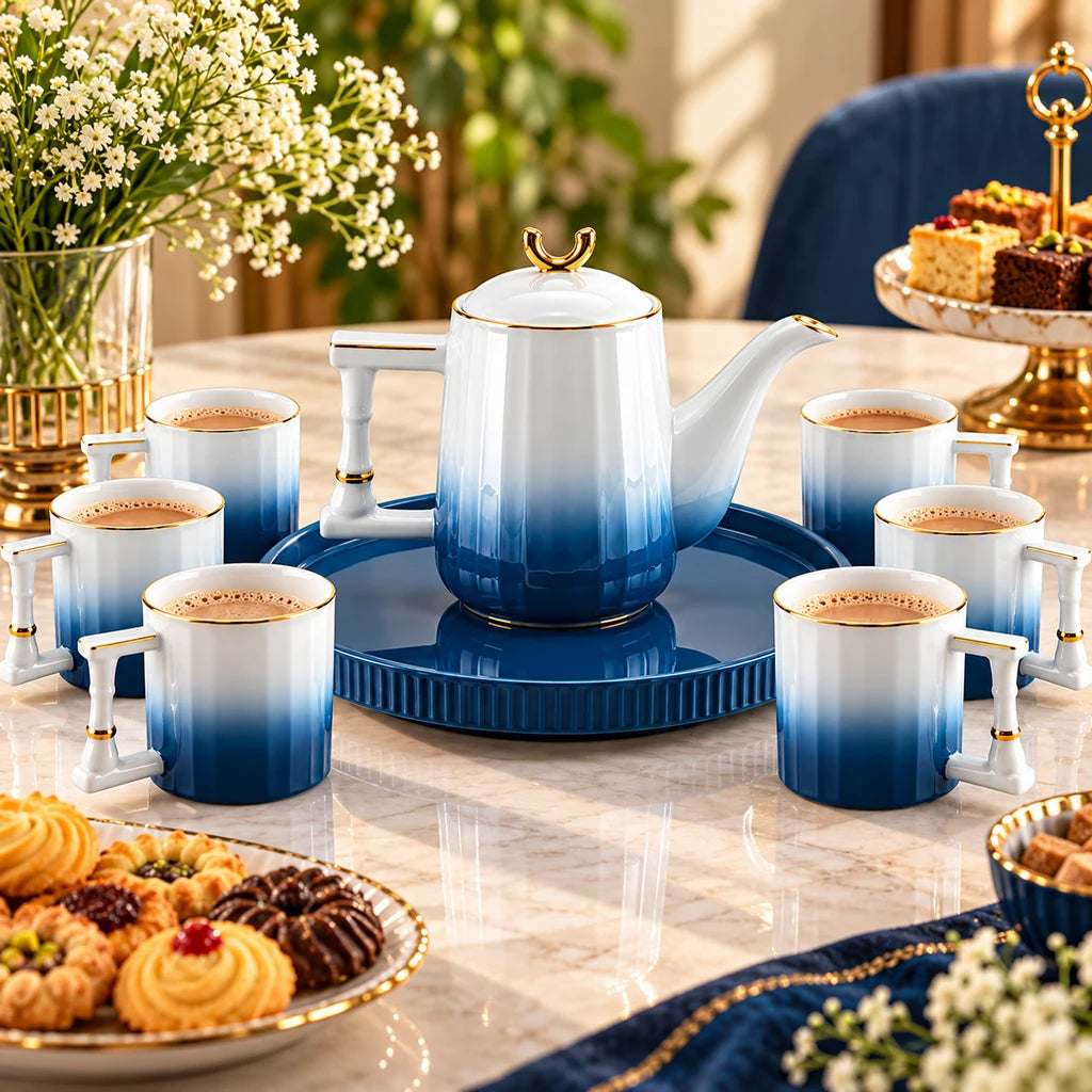Royal Deep Blue Ombre Ceramic Tea & Coffee Set, 8 Pieces