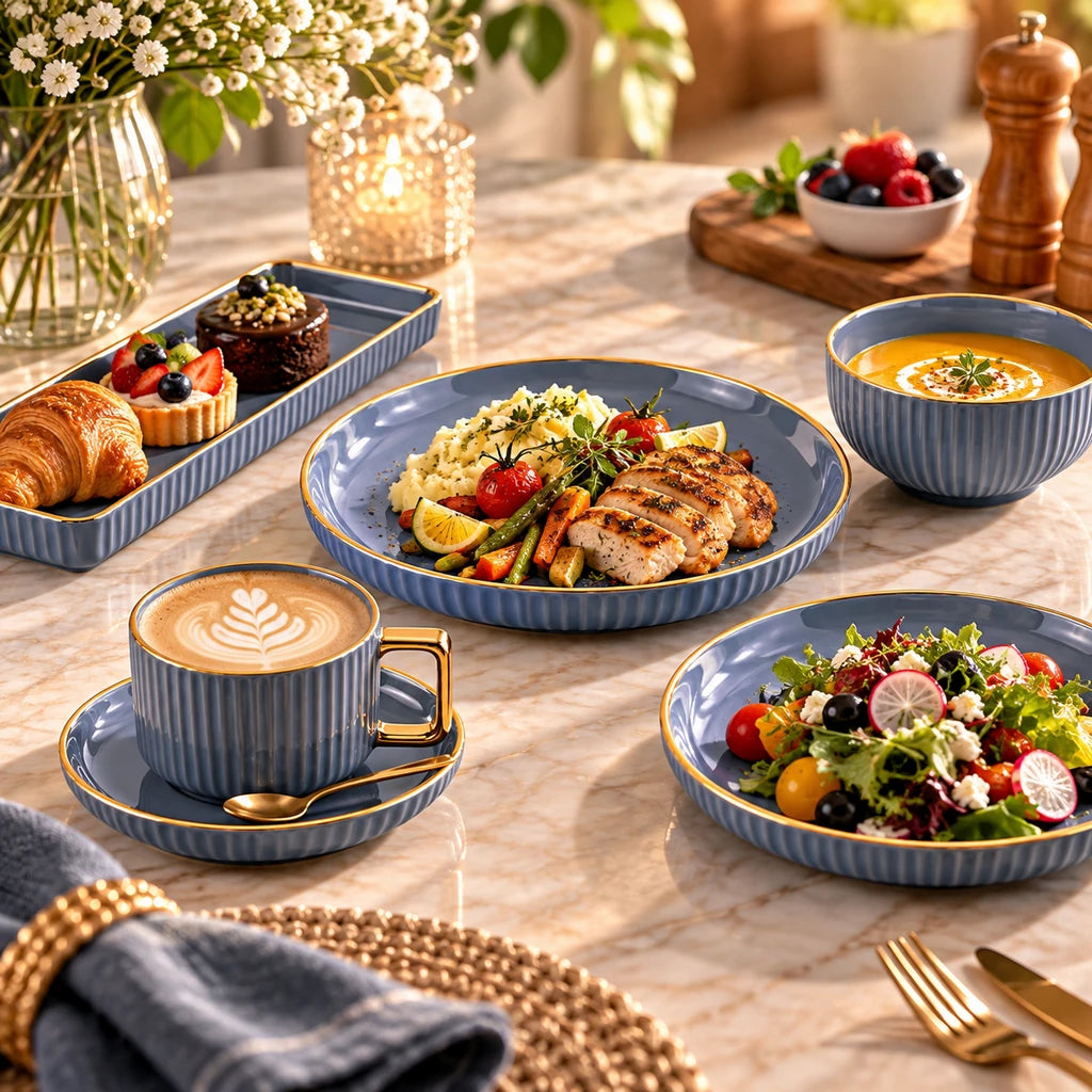 B/C Grey & Gold Fluted Ceramic Breakfast Set, 32 Pieces