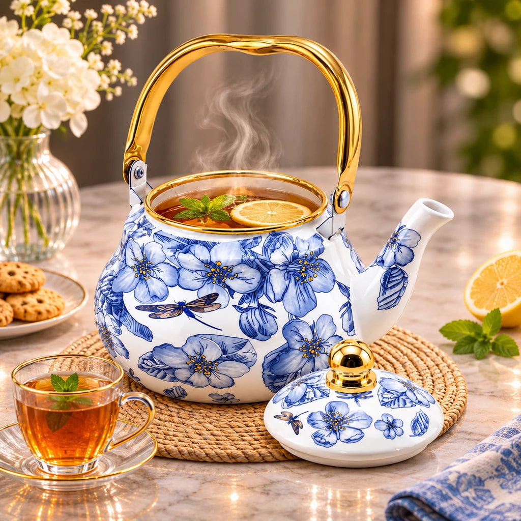 Yiwu Liyang Blue Blossom & Dragonfly Enamel Kettle, 2 Litres