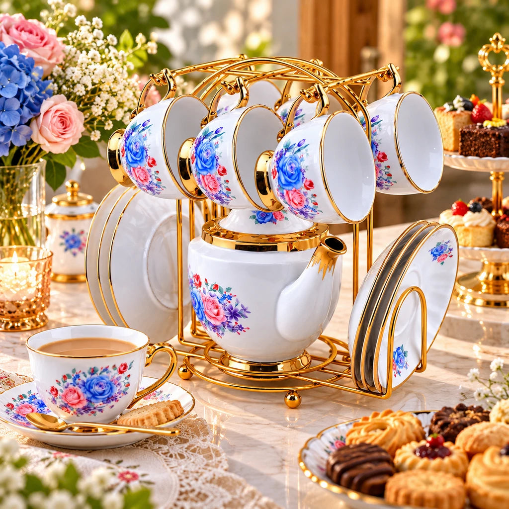 Royal Blue & Pink Rose Ceramic Tea Set with Stand, 13 Pieces