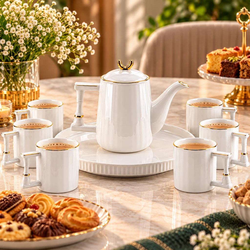 Royal White & Gold Ceramic Tea & Coffee Set, 8 Pieces