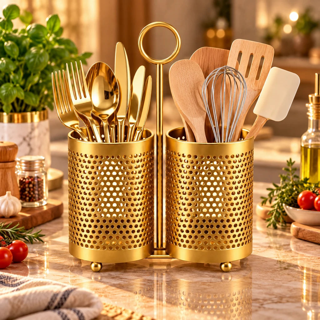 Fancy 2-Compartment Stainless Steel Utensil Holder - Black & Gold