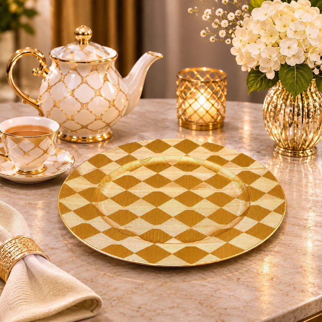 Golden Diamond Weave Plastic Charger Plate, 12 Inch, Display Only