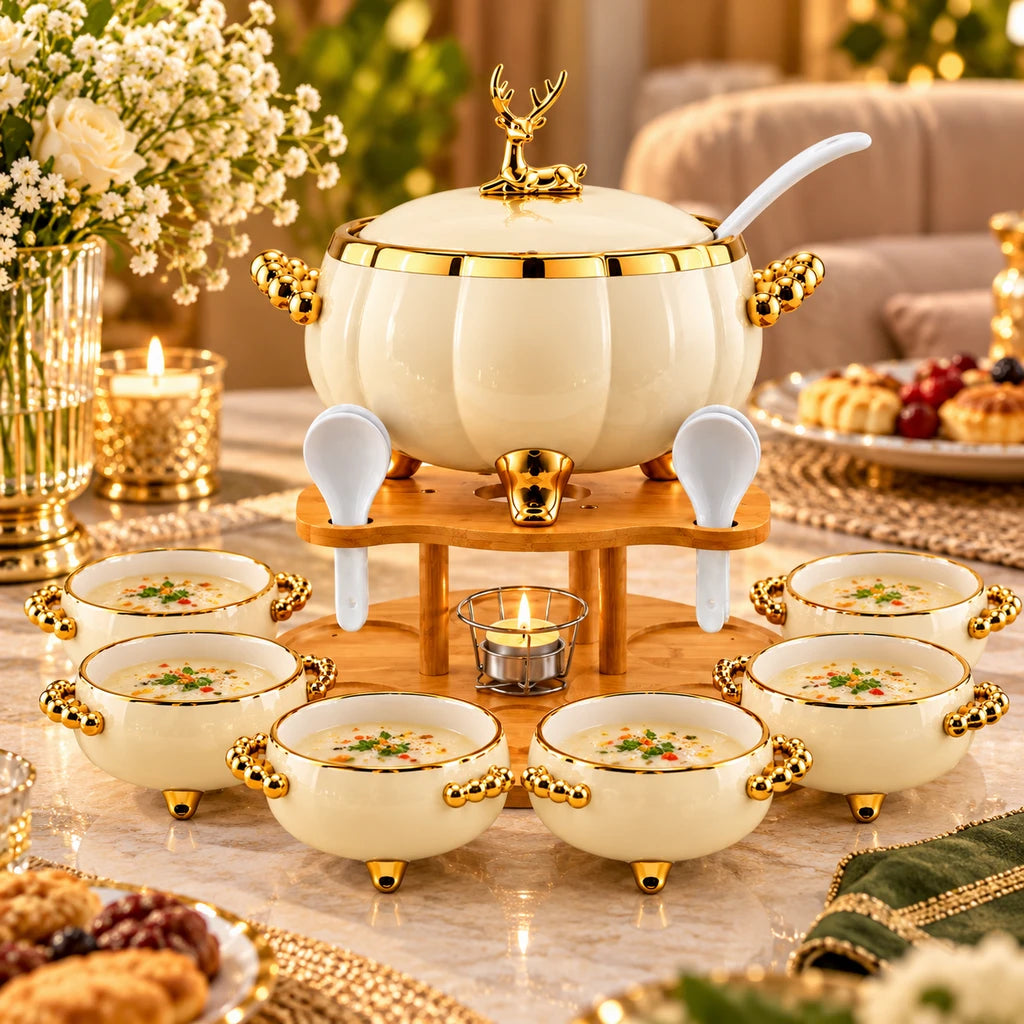 Royal Ivory Deer Ceramic Soup Set with Bamboo Base, 16 Pieces
