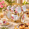 Royal Coral Rose Ceramic Tea Set with Stand, 13 Pieces