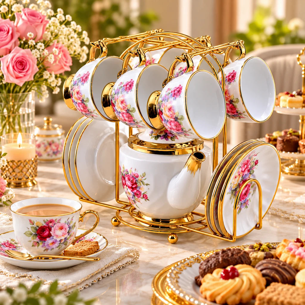 Royal Coral Rose Ceramic Tea Set with Stand, 13 Pieces