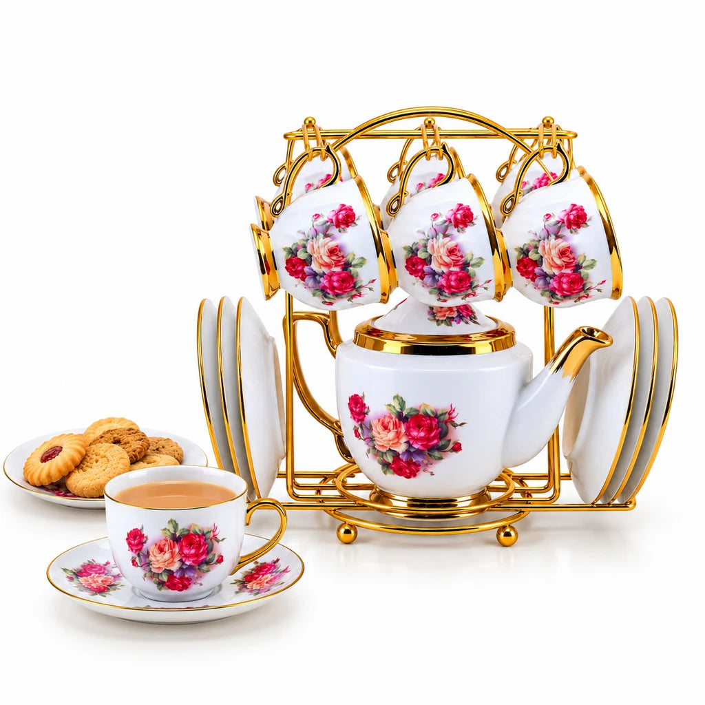 Royal Coral Rose Ceramic Tea Set with Stand, 13 Pieces