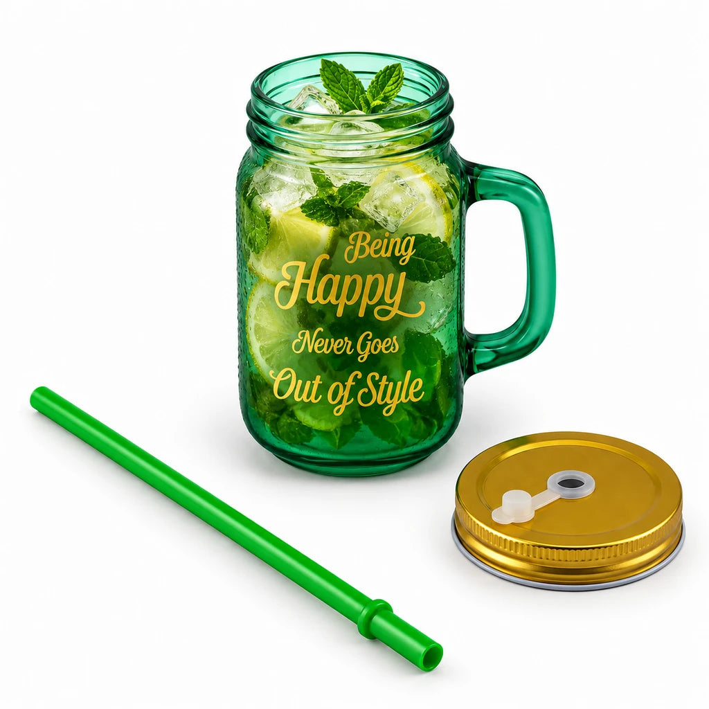 Kleeyo Green Being Happy Glass Drinking Mason Jar, 450 ml
