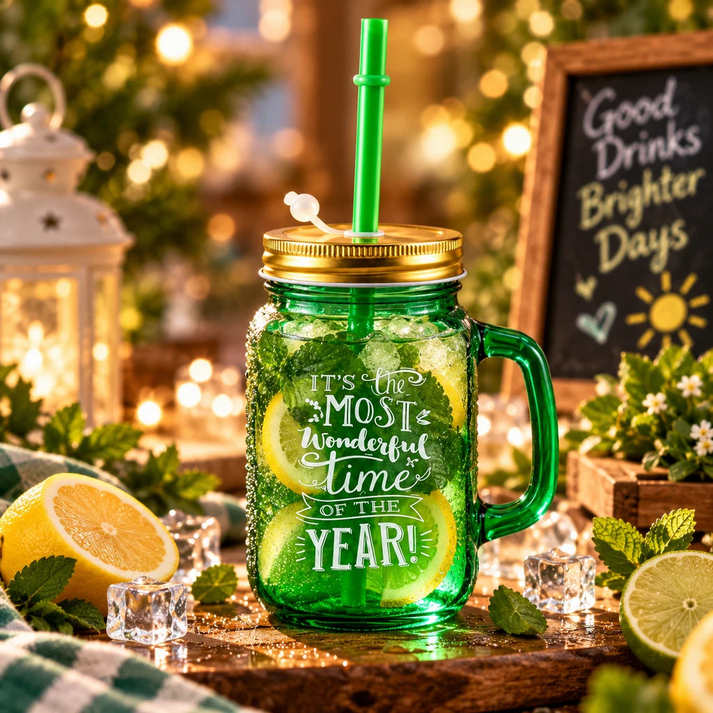 Kleeyo Green Wonderful Time Glass Mason Jar, 450 ml