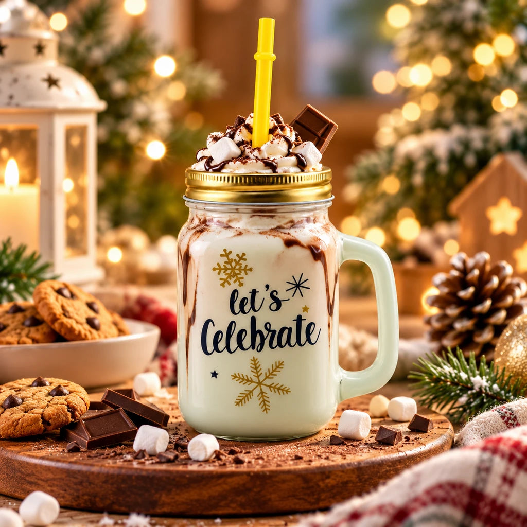 Kleeyo Let's Celebrate 450 ml Glass Mason Jar with Straw
