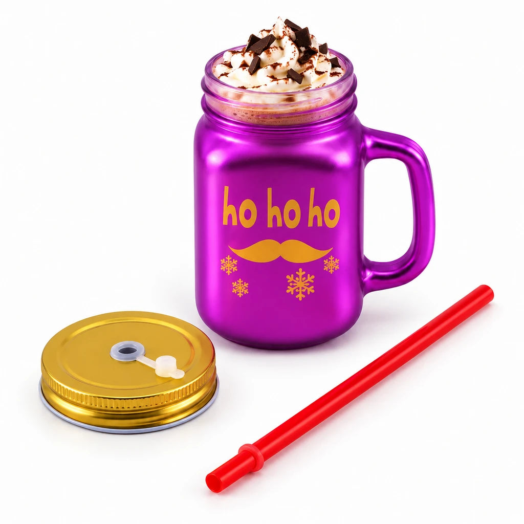 Kleeyo Purple Ho Ho Ho 450 ml Glass Mason Jar with Straw