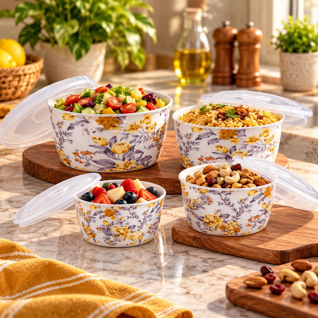Lotus Golden Meadow Ceramic Bowl Set with Lids, 4 Bowls