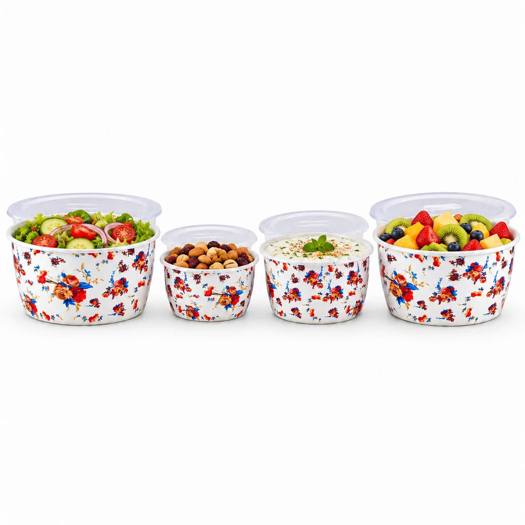 Lotus Rose Bouquet Ceramic Bowl Set with Lids, 4 Bowls