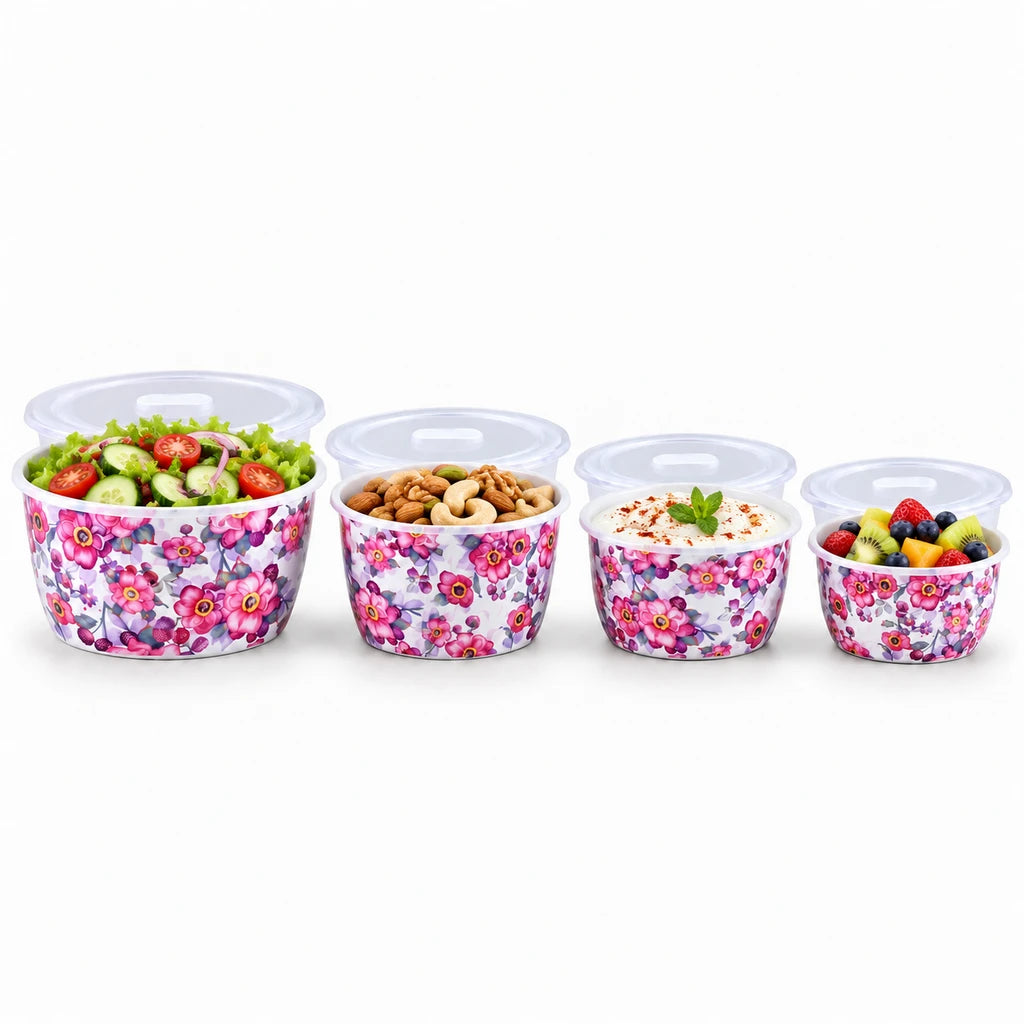 Lotus Pink Blossom Ceramic Bowl Set with Lids, 4 Bowls