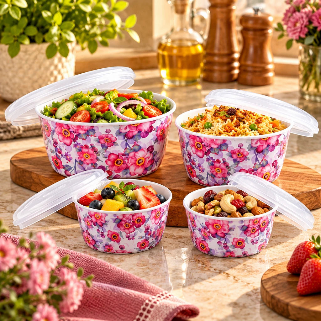 Lotus Pink Blossom Ceramic Bowl Set with Lids, 4 Bowls