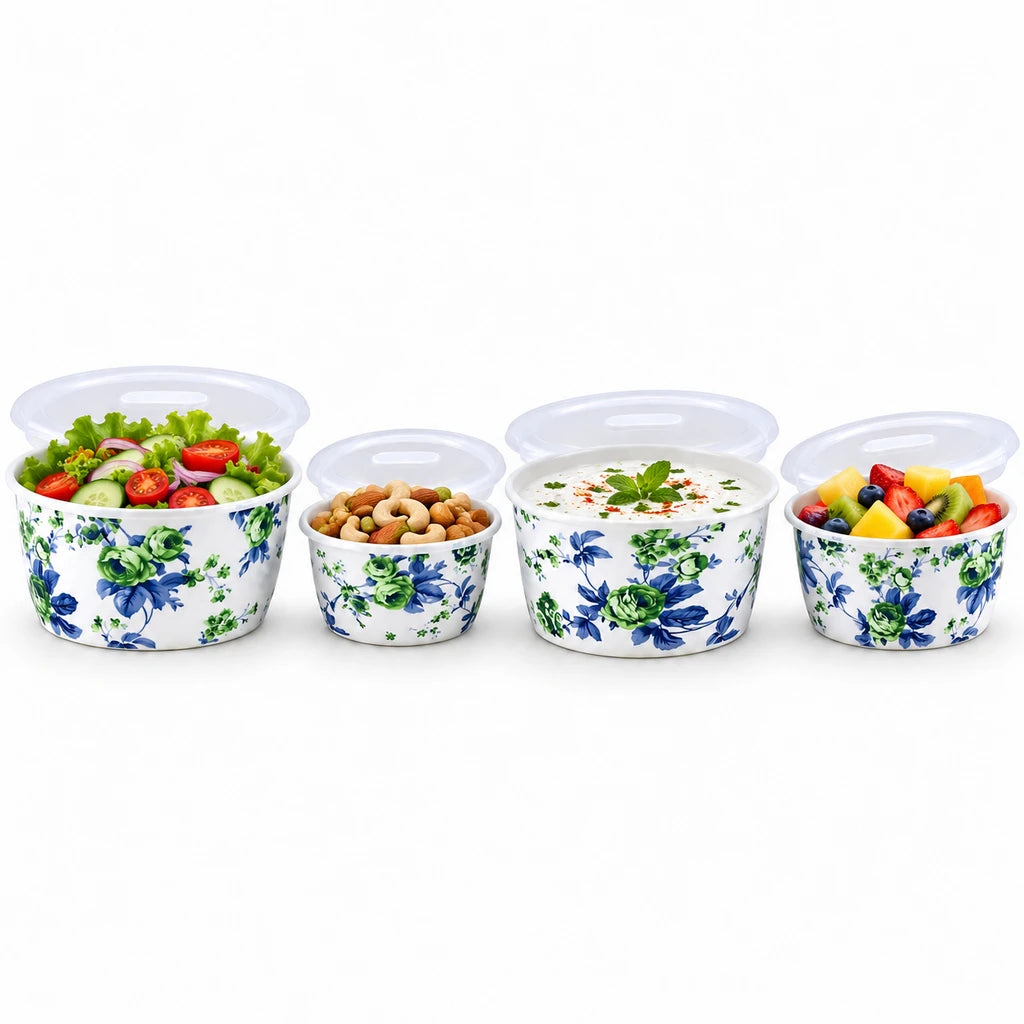 Lotus Green Rose Ceramic Bowl Set with Lids, 4 Bowls