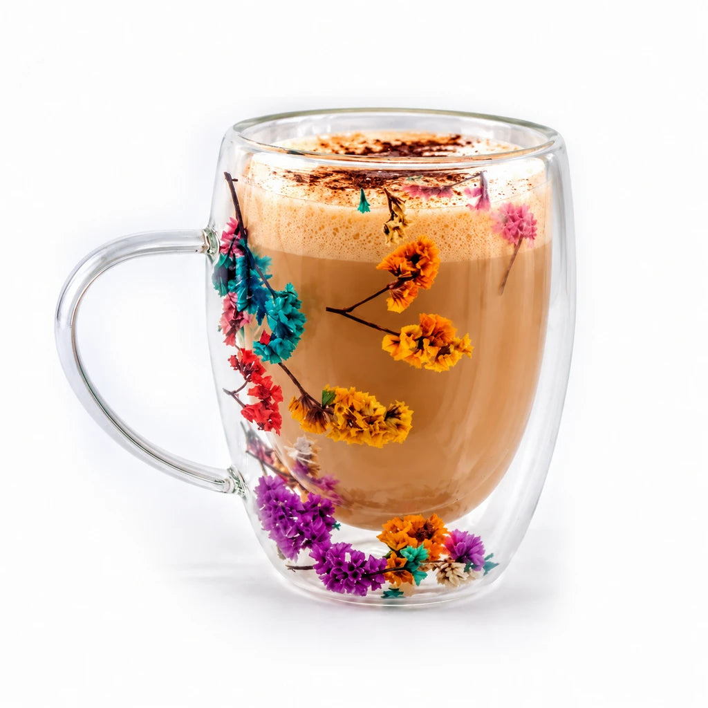 D.W.M Orange & Purple Blossom Sprigs Double-Wall Glass Mug, 350 ml