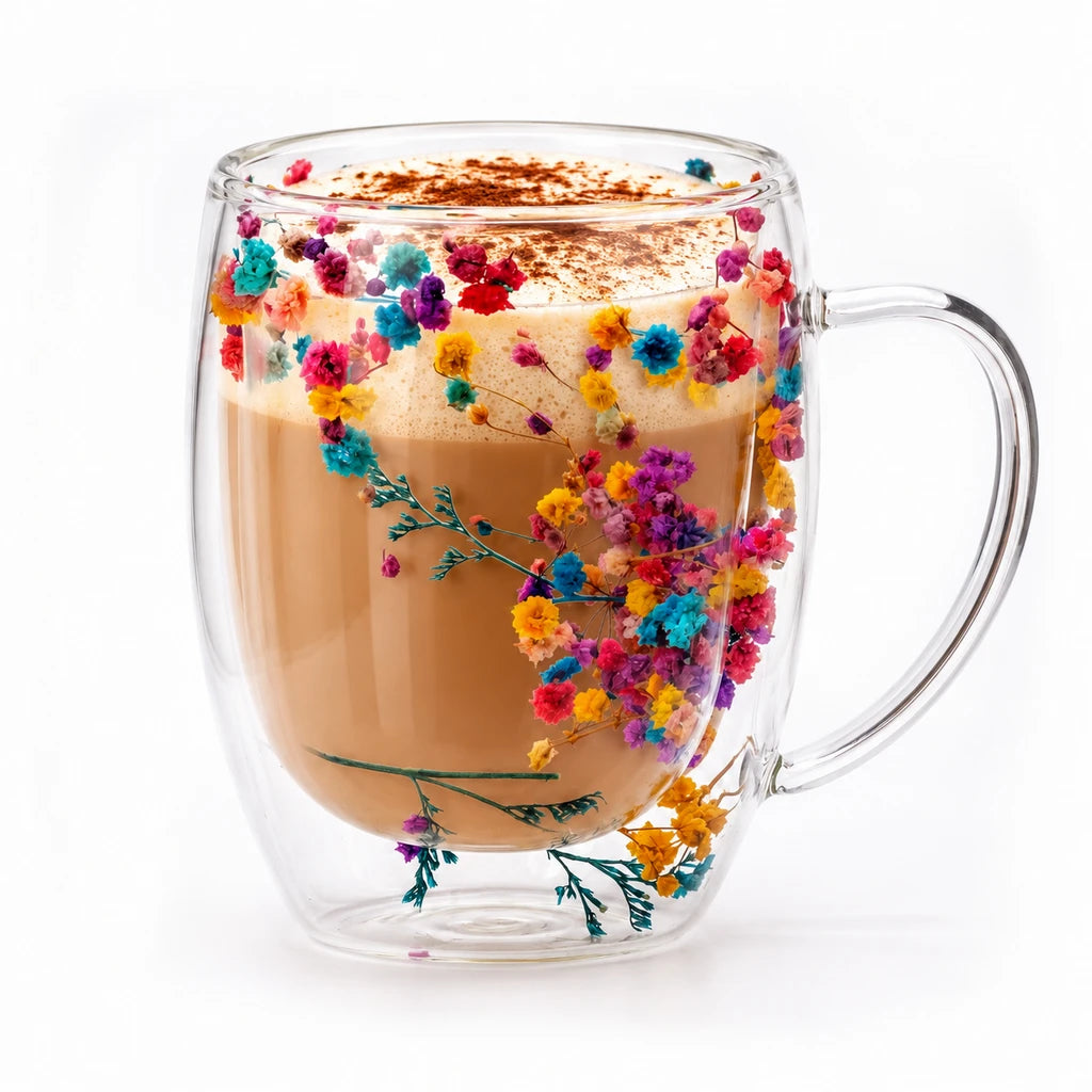 D.W.M Rainbow Blossom Sprays Double-Wall Glass Mug, 350 ml
