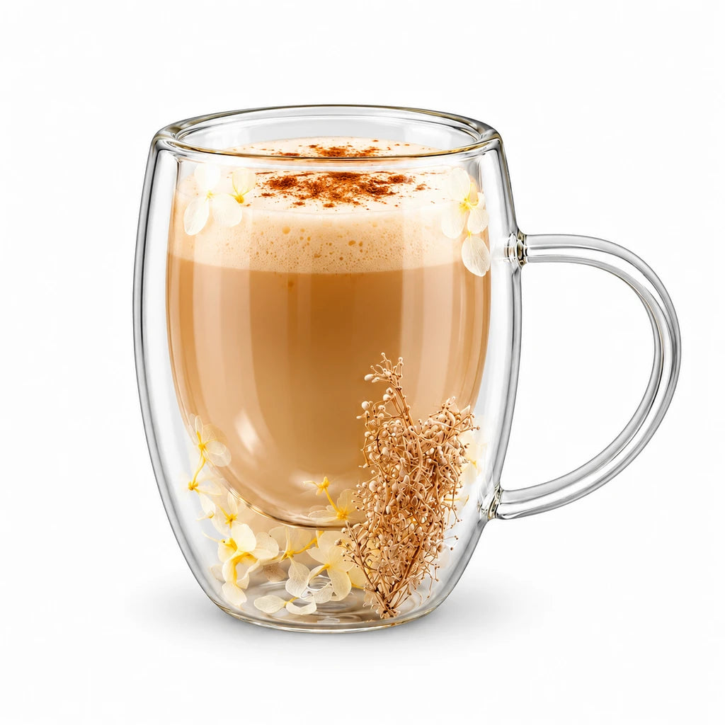 D.W.M Ivory Blossom & Beige Sprig Double-Wall Glass Mug, 350 ml