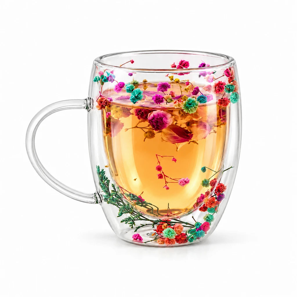 D.W.M Confetti Florals Double-Wall Glass Mug, 350 ml