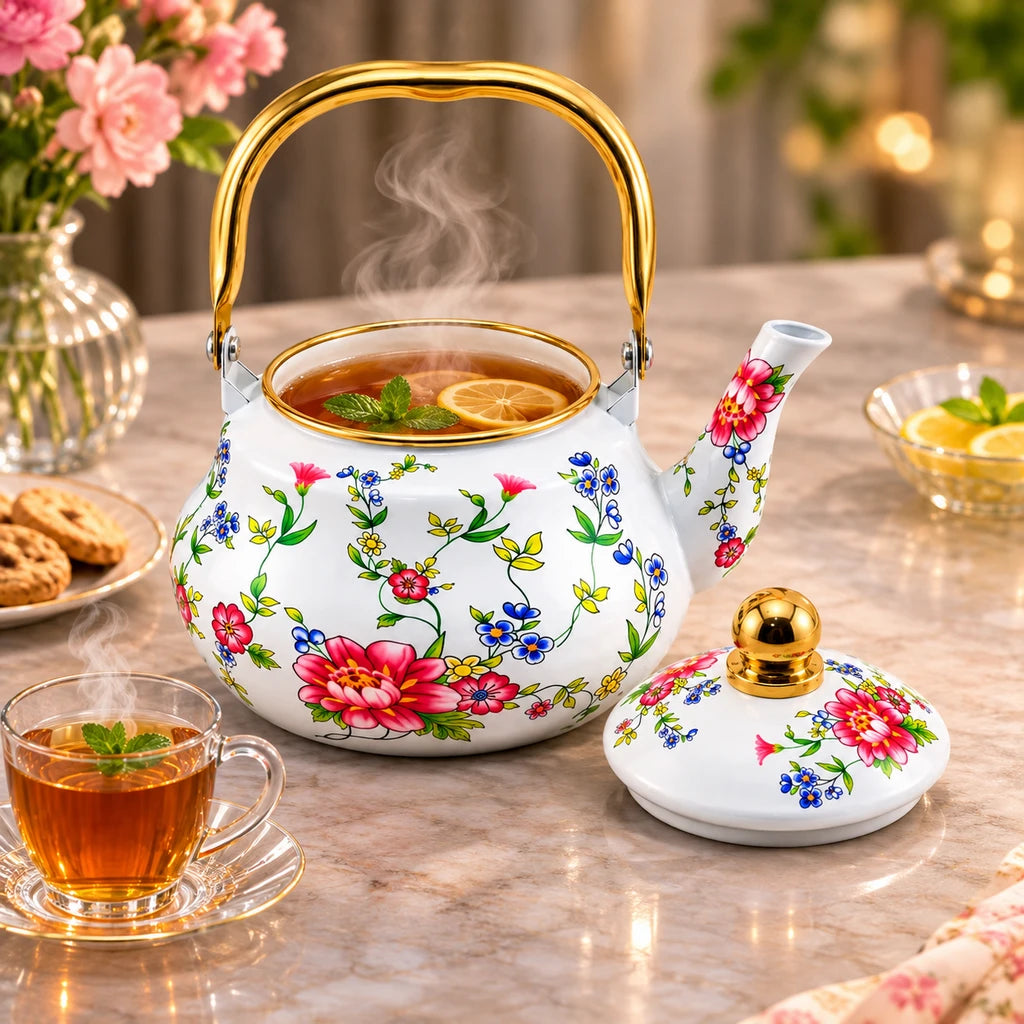 Yiwu Liyang Pink Garden Blossom Enamel Kettle, 2 Litres