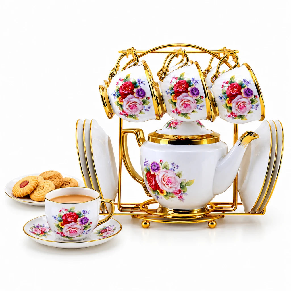 Royal Rose Bouquet Ceramic Tea Set with Stand, 13 Pieces