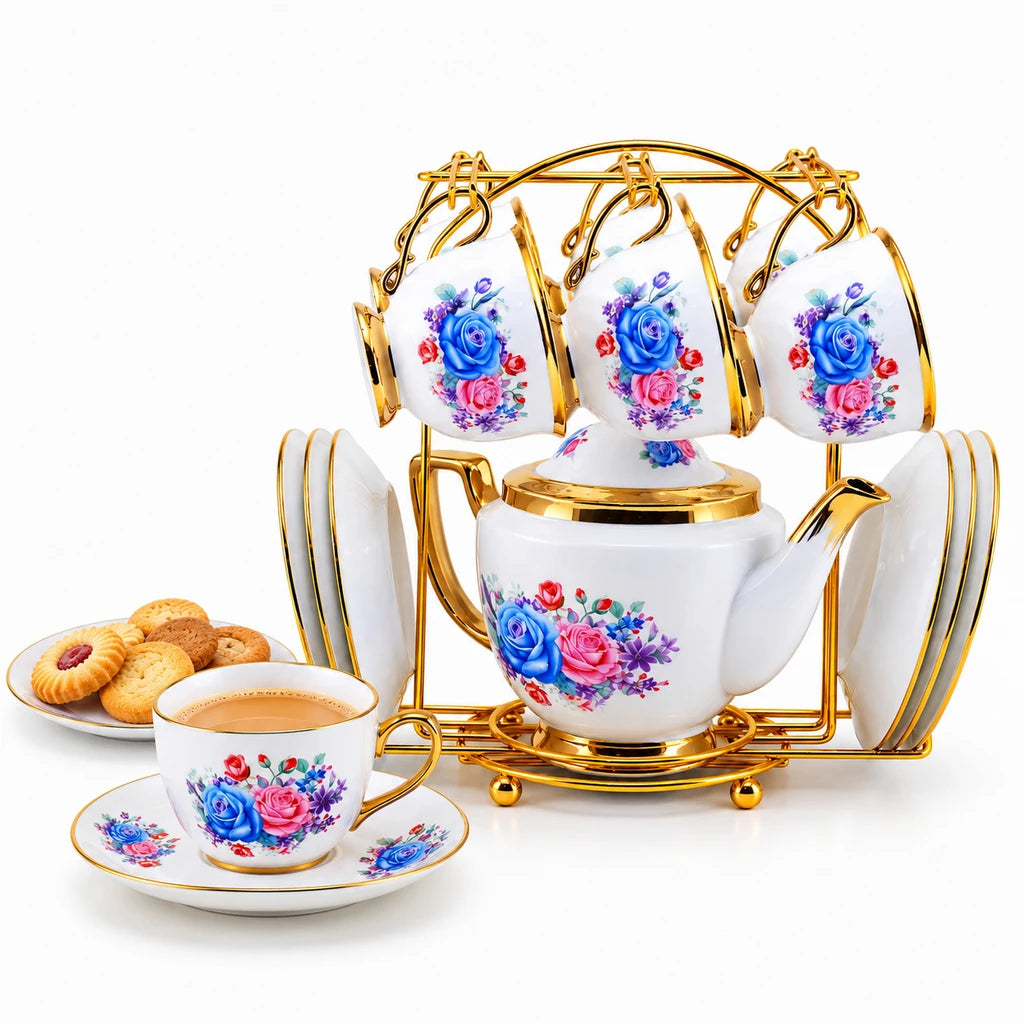 Royal Blue & Pink Rose Ceramic Tea Set with Stand, 13 Pieces