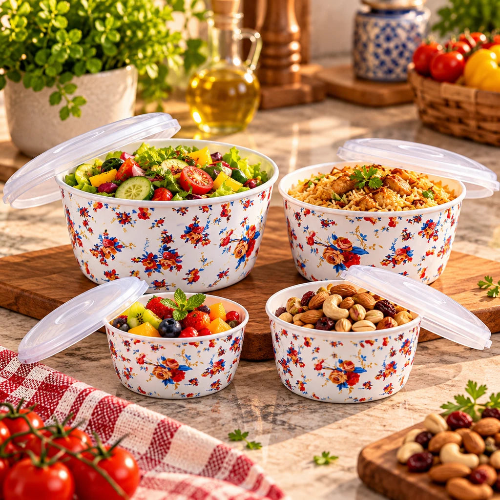 Lotus Rose Bouquet Ceramic Bowl Set with Lids, 4 Bowls