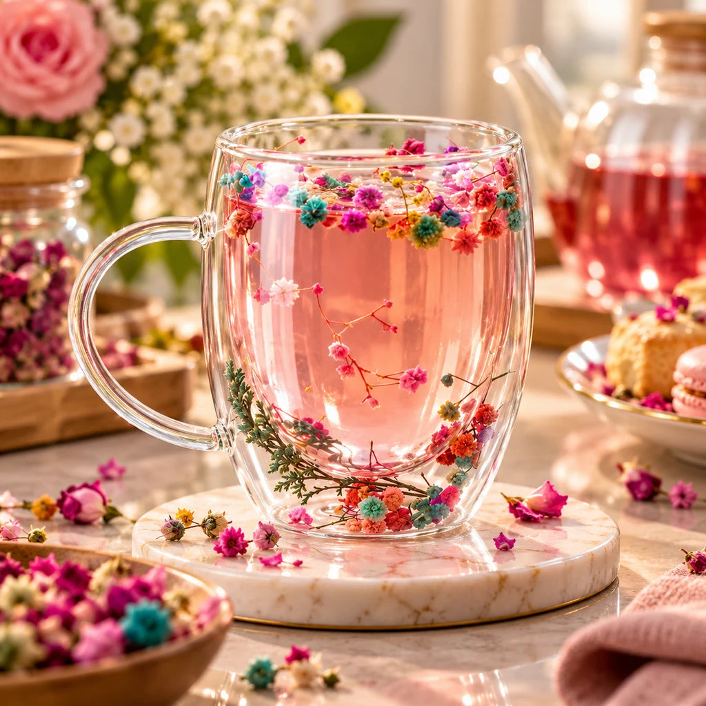 D.W.M Confetti Florals Double-Wall Glass Mug, 350 ml