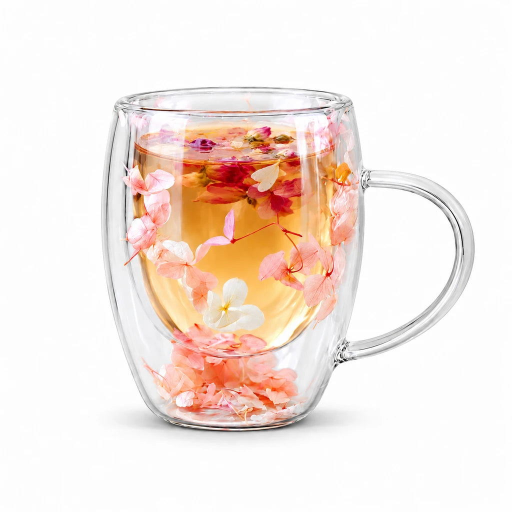 D.W.M Blush & Ivory Florals Double-Wall Glass Mug, 350 ml