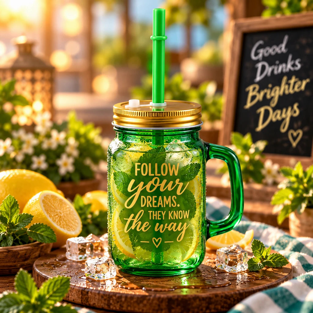Kleeyo Green Follow Your Dreams Glass Mason Jar, 450 ml