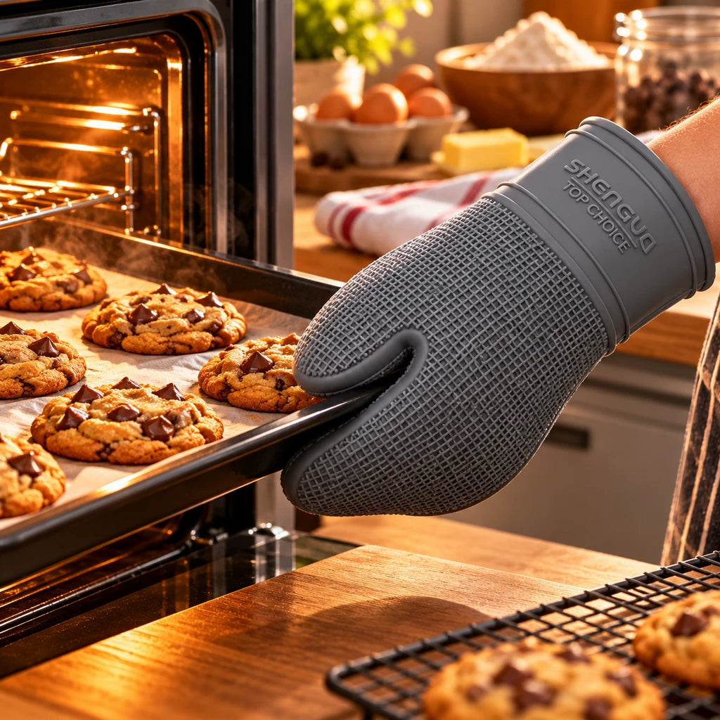 Shengya Silicone Baking Gloves With Textured Grip - Red, Grey & Black
