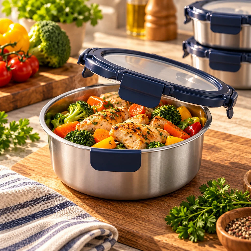 Danny Home 1000 ml Stainless Steel Food Container With Snap-Lock Glass Lid