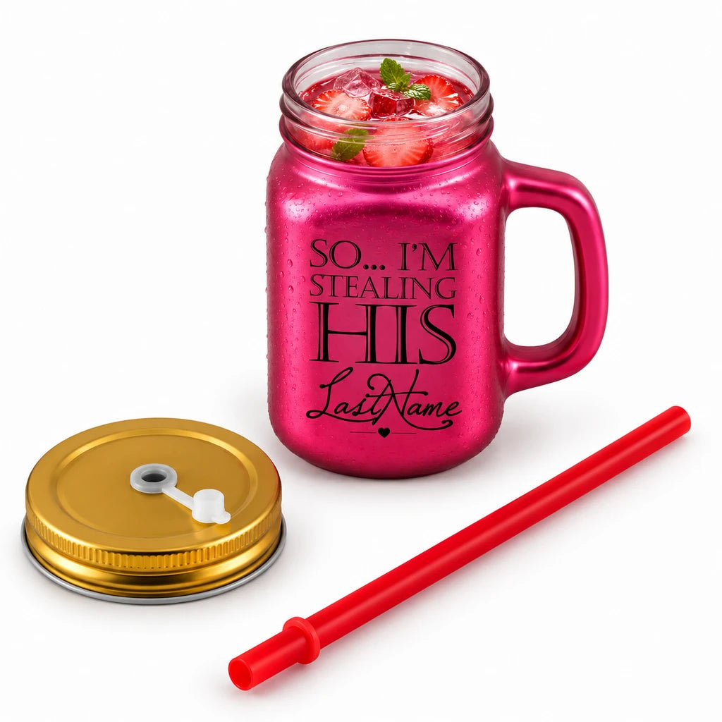 Kleeyo Fuchsia Last Name Glass Drinking Mason Jar, 450 ml