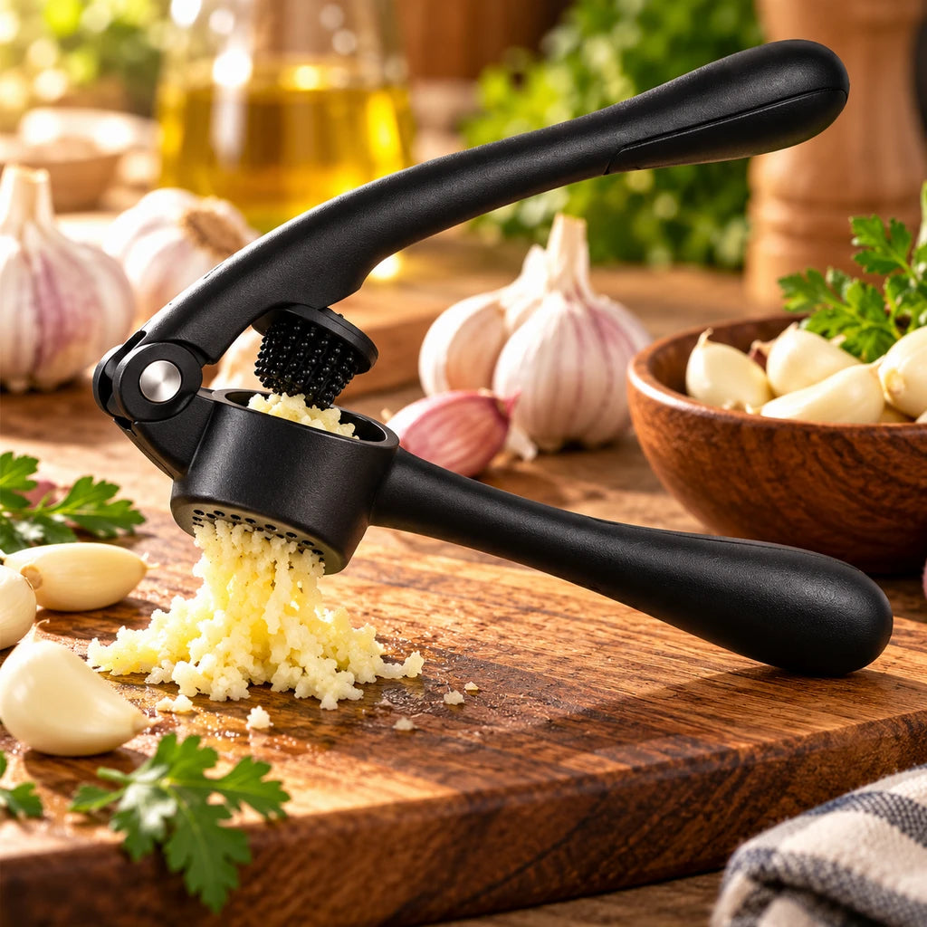 Shengya 11-Inch Black Zinc Garlic Press With Plastic Handles