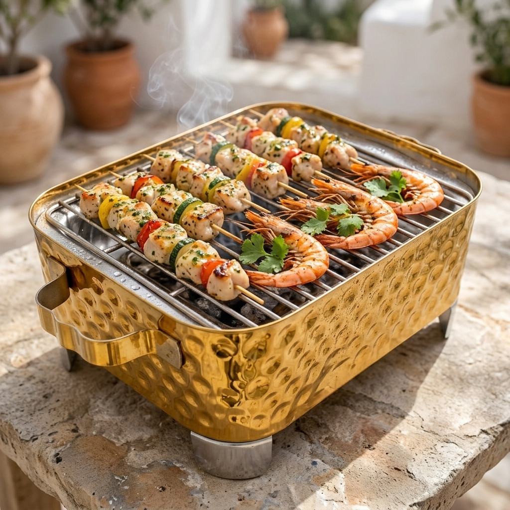 R.S Brass Golden Coating Rectangular Bubble Pattern Barbeque Pits With Grills