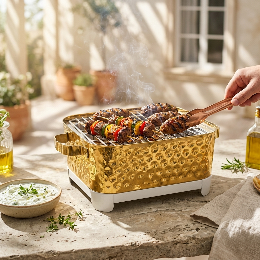 R.S Brass Golden Coating Rectangular Bubble Pattern Barbeque Pits With Grills