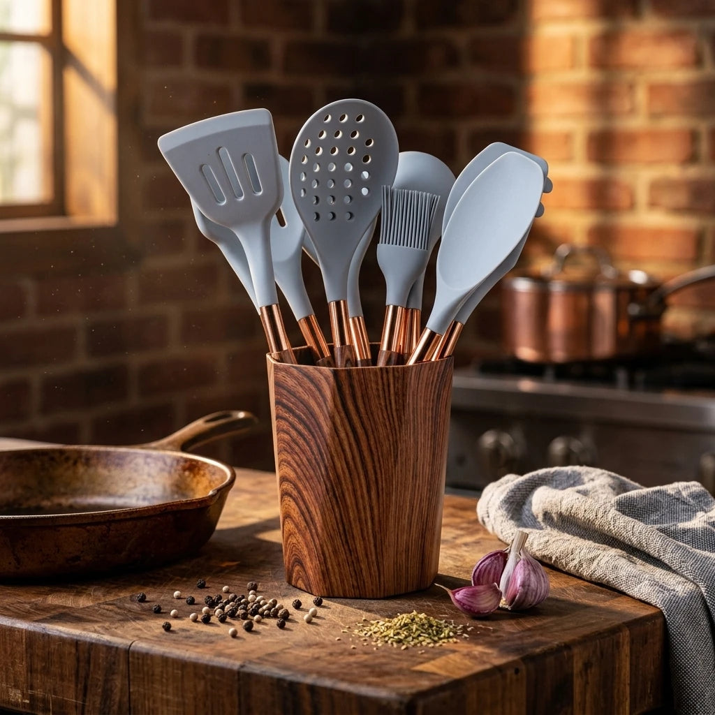 Best 11-Inch Silicone Kitchen Utensil Set With Wooden Base